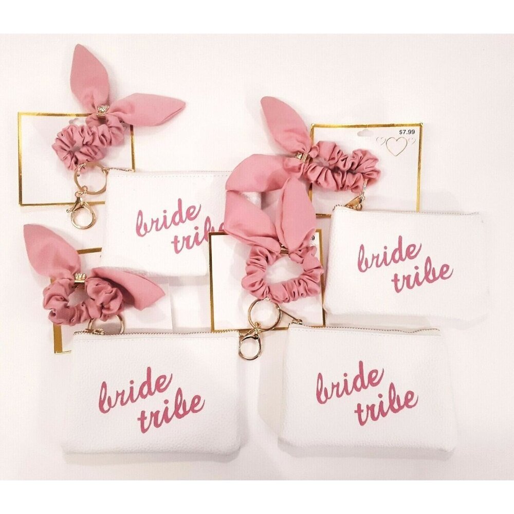Bridesmaid Gifts Cosmetic Makeup Bag Bride Tribe Scrunchie Keychain 4Pk NEW